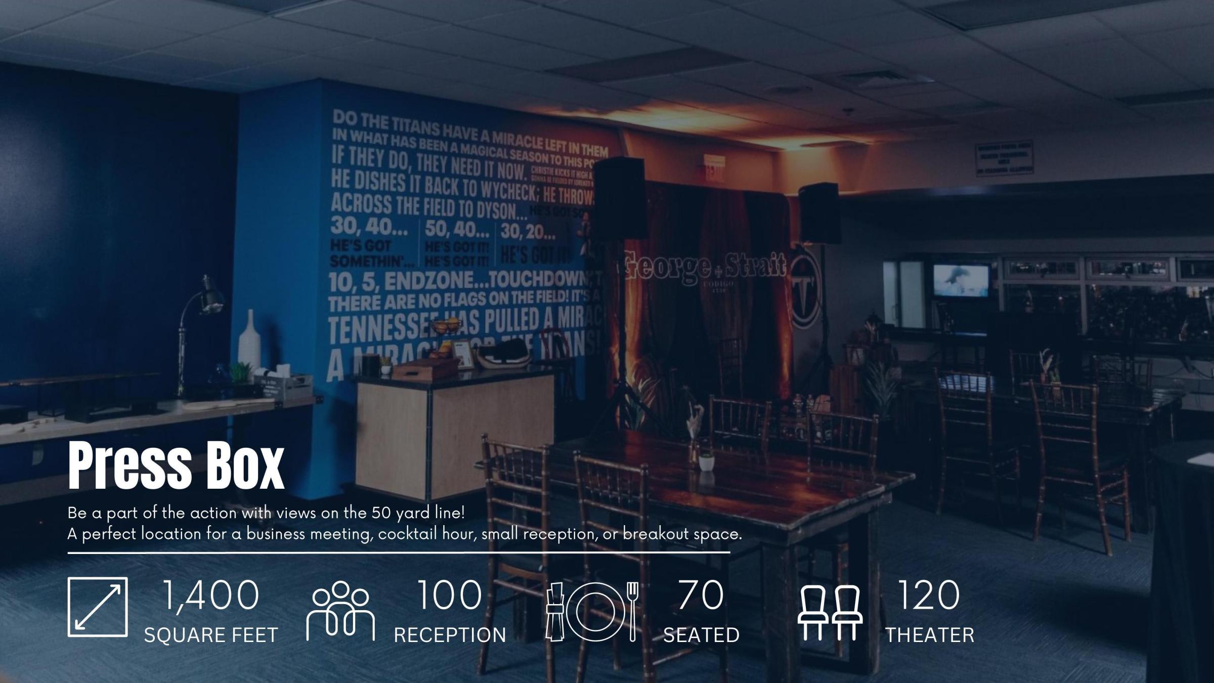 Spacious room with tables and chairs, labeled Press Box, promoting event space with square feet and seating details.