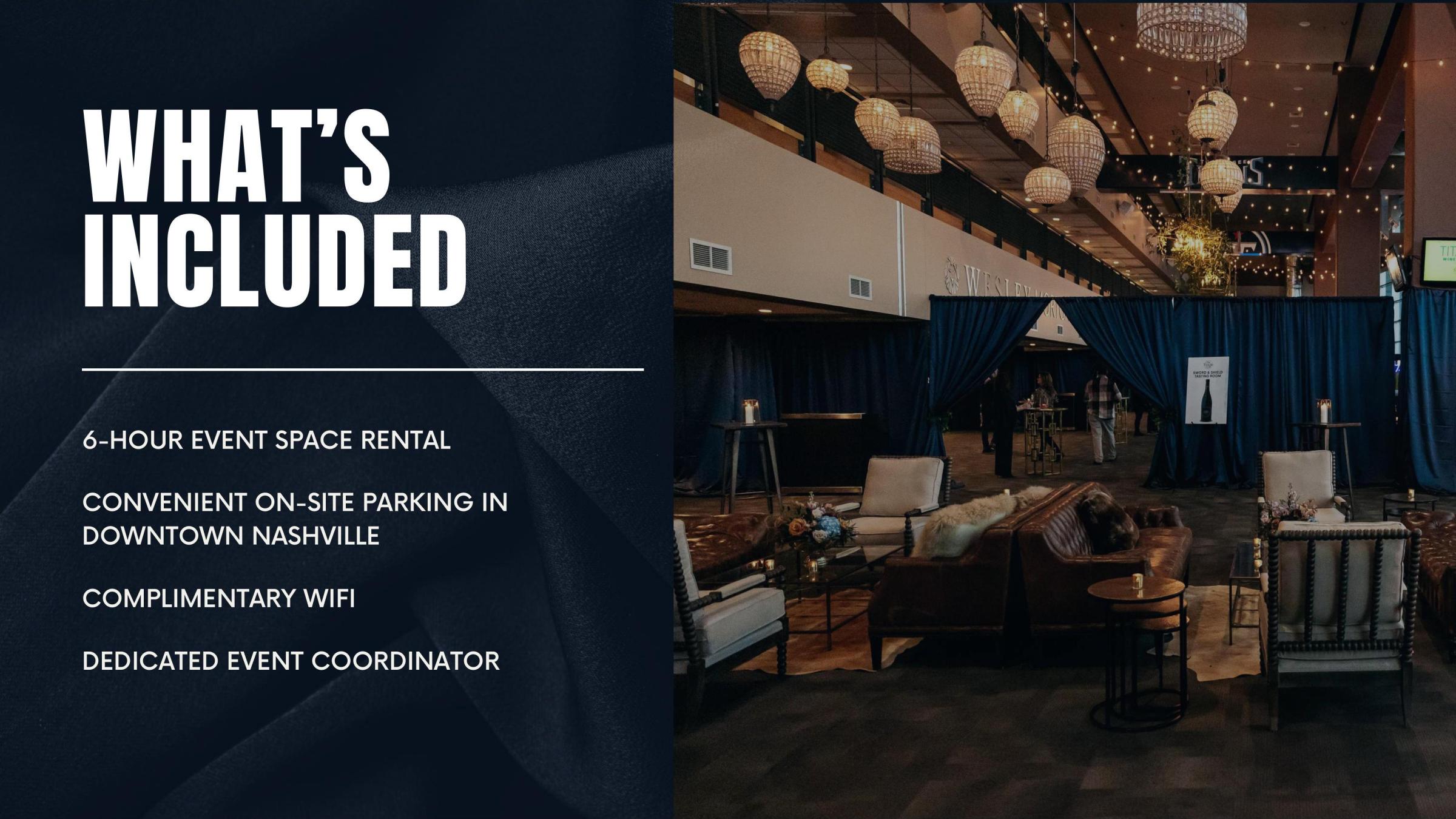 Event ad listing perks: rental, parking in Nashville, WiFi, coordinator, with lounge area photo.