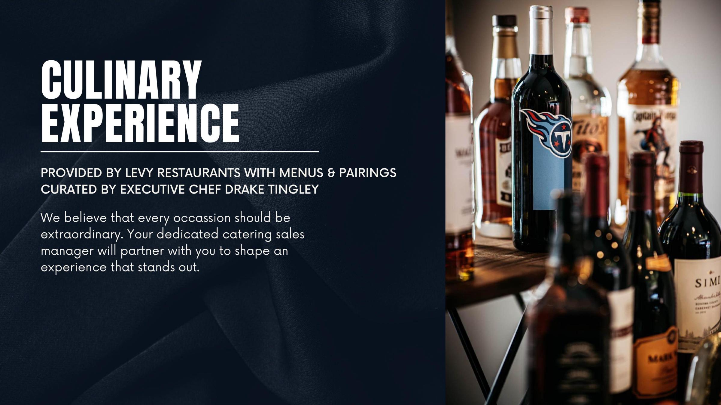 Text about culinary experience next to bottles of wine and spirits on a table.