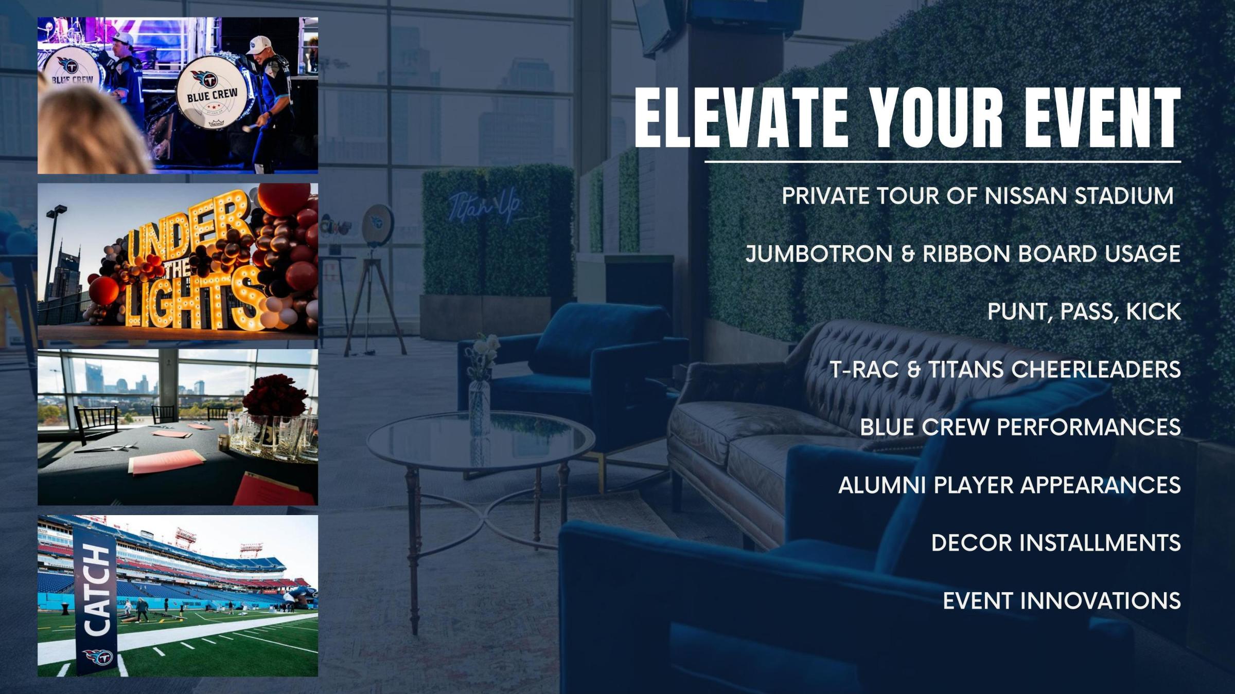 Event brochure with images and activities listed for an elevated event at Nissan Stadium.