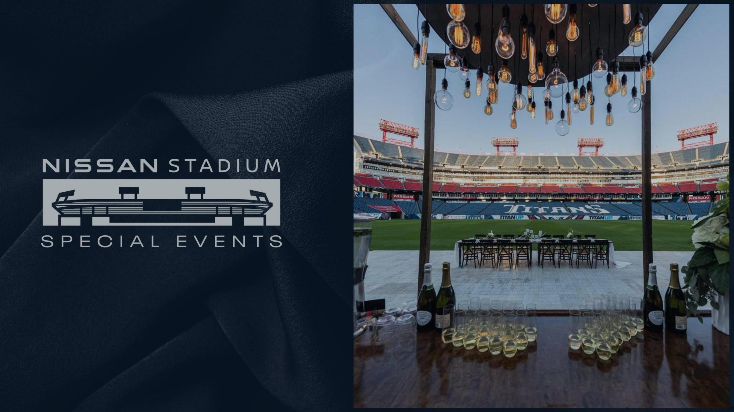Nissan Stadium event with table, chairs, and decorative lights on the field.