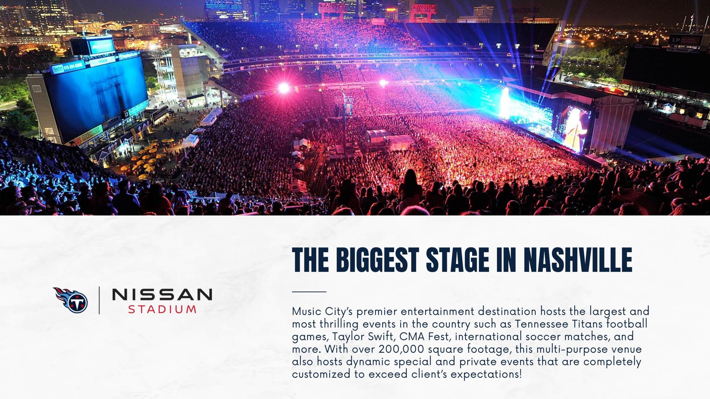 Nissan Stadium packed with people during a nighttime event in Nashville.