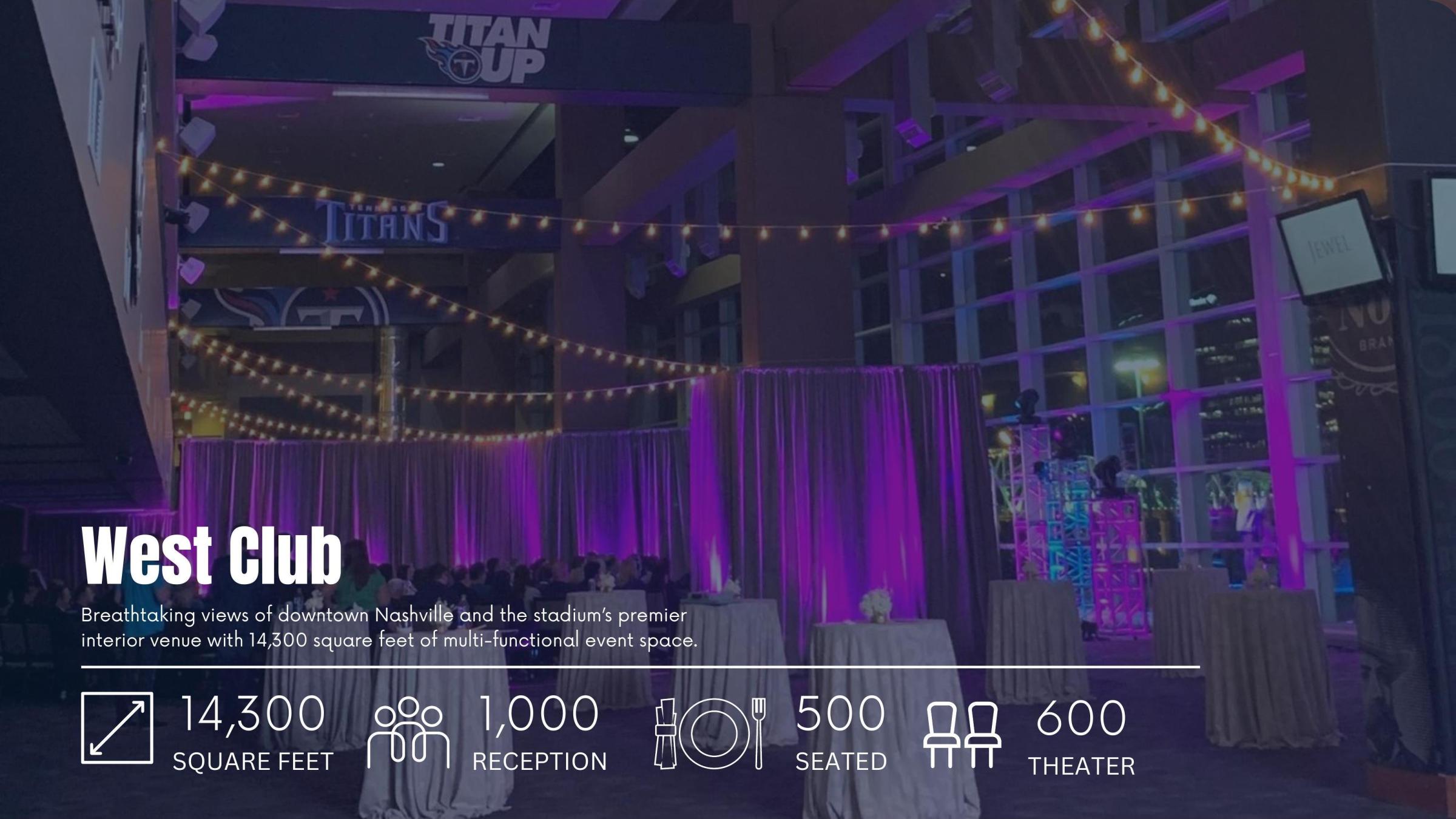 Interior view of West Club with string lights, purple drapes, and event setup.