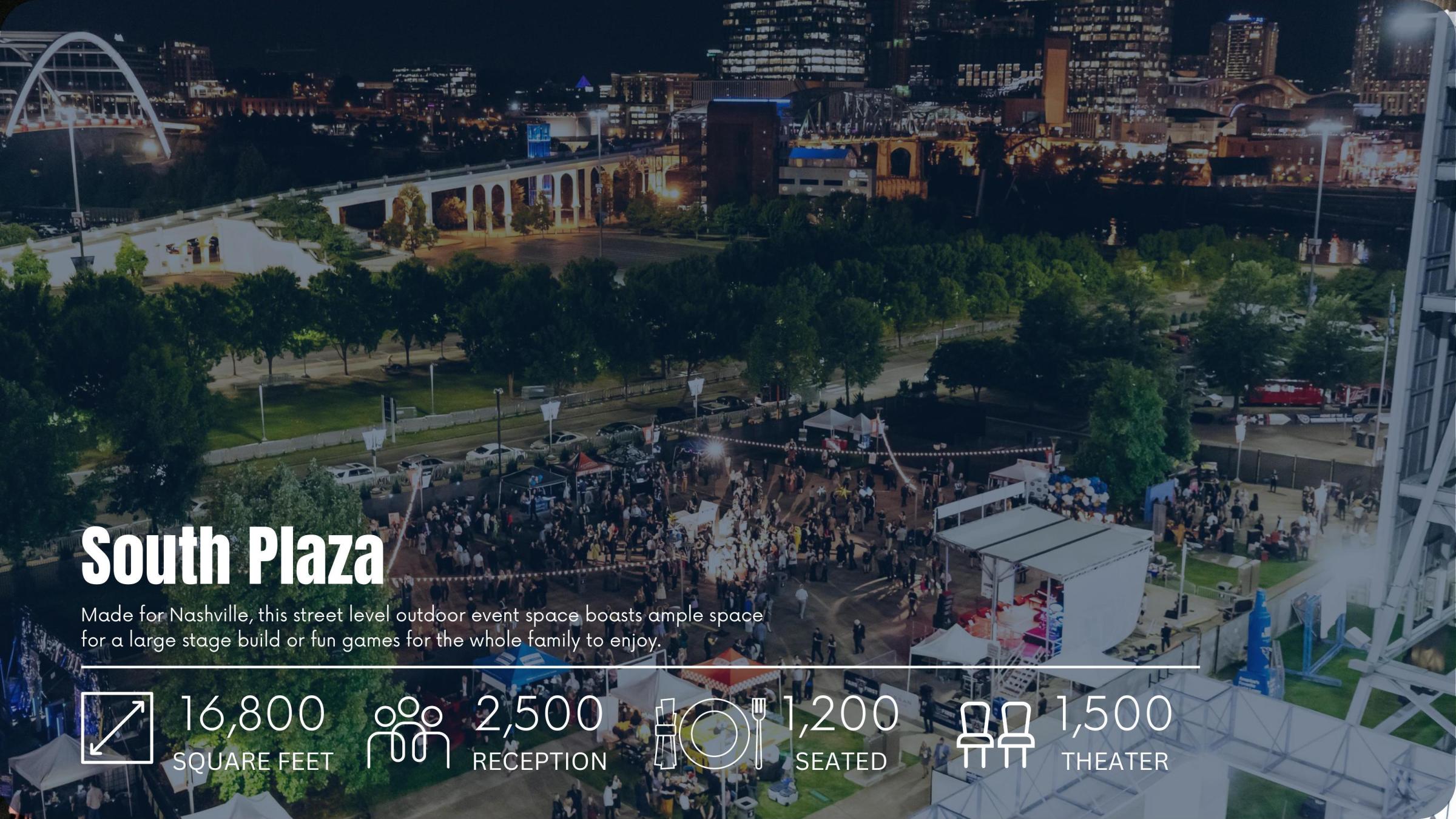 Night event at South Plaza in Nashville, featuring a crowd and city skyline in the background.