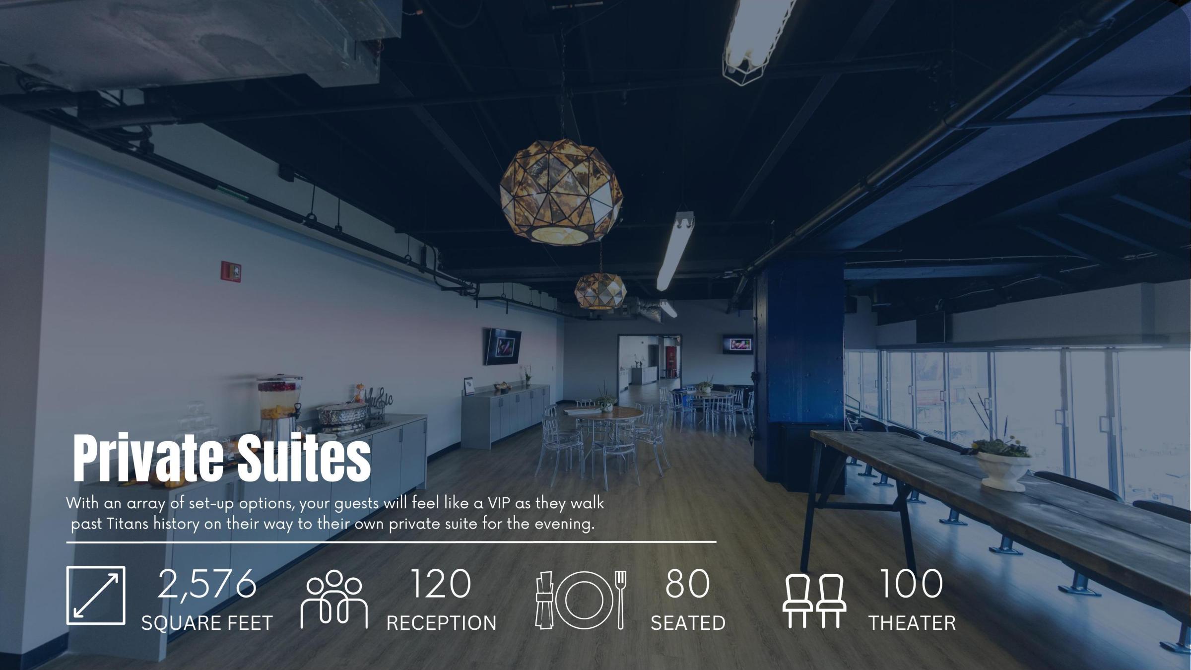 Private suites info with seating and capacity details in a modern, spacious room.