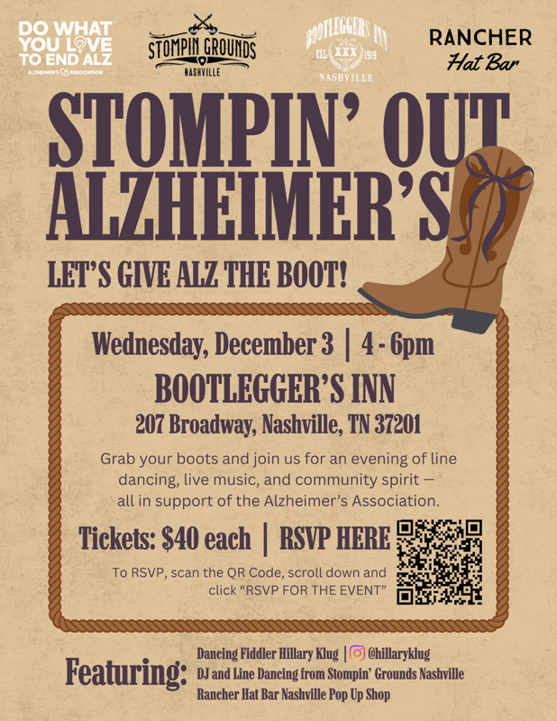 Event poster for 'Stompin' Out Alzheimer's' at Bootlegger's Inn on December 3, 4-6pm. Line dancing and live music.