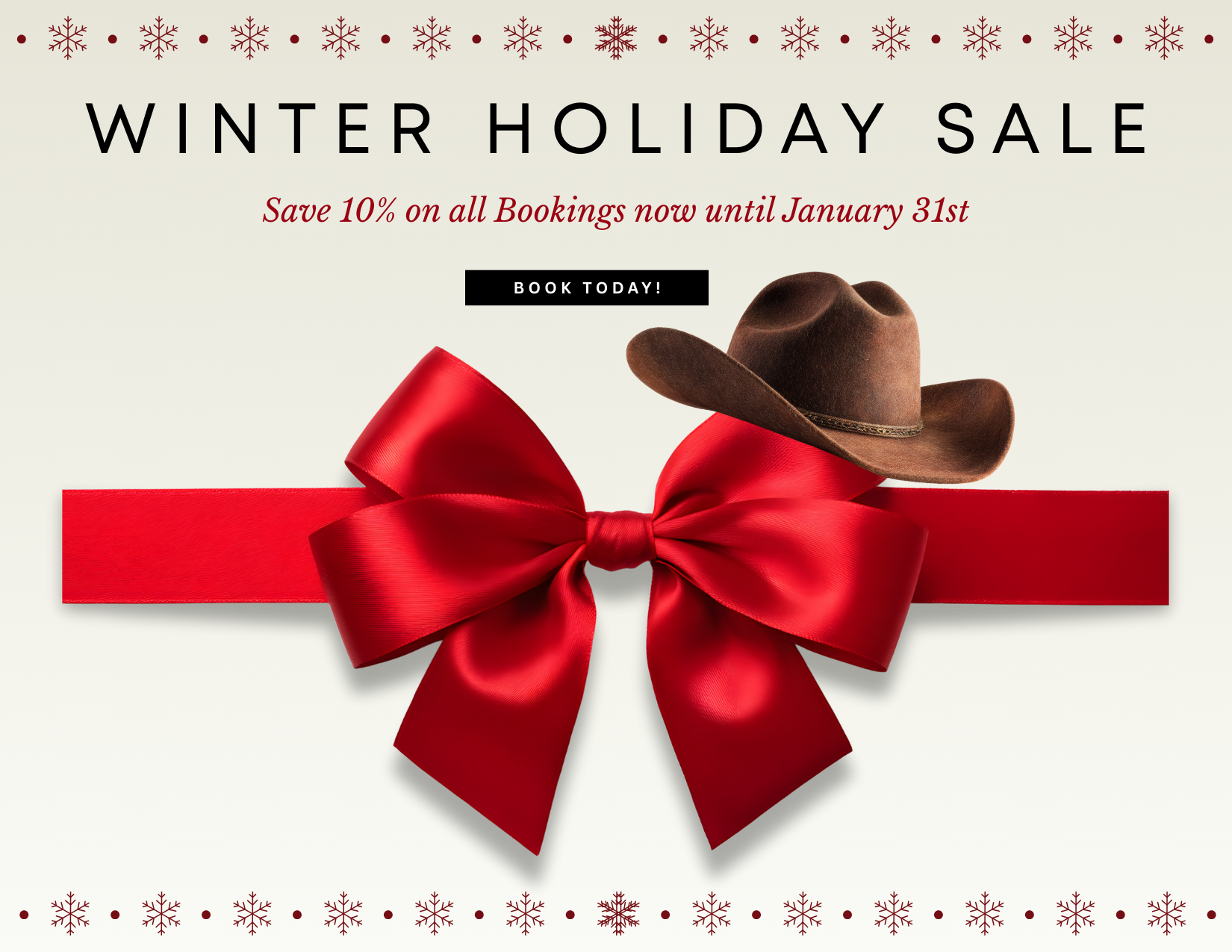 Winter Holiday Sale poster with a red bow and cowboy hat.